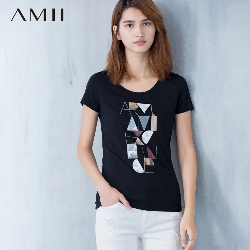 

Amii Women Minimalist Vogue T-Shirts 2018 Solid Geometric Print O Neck Female Tee Tops