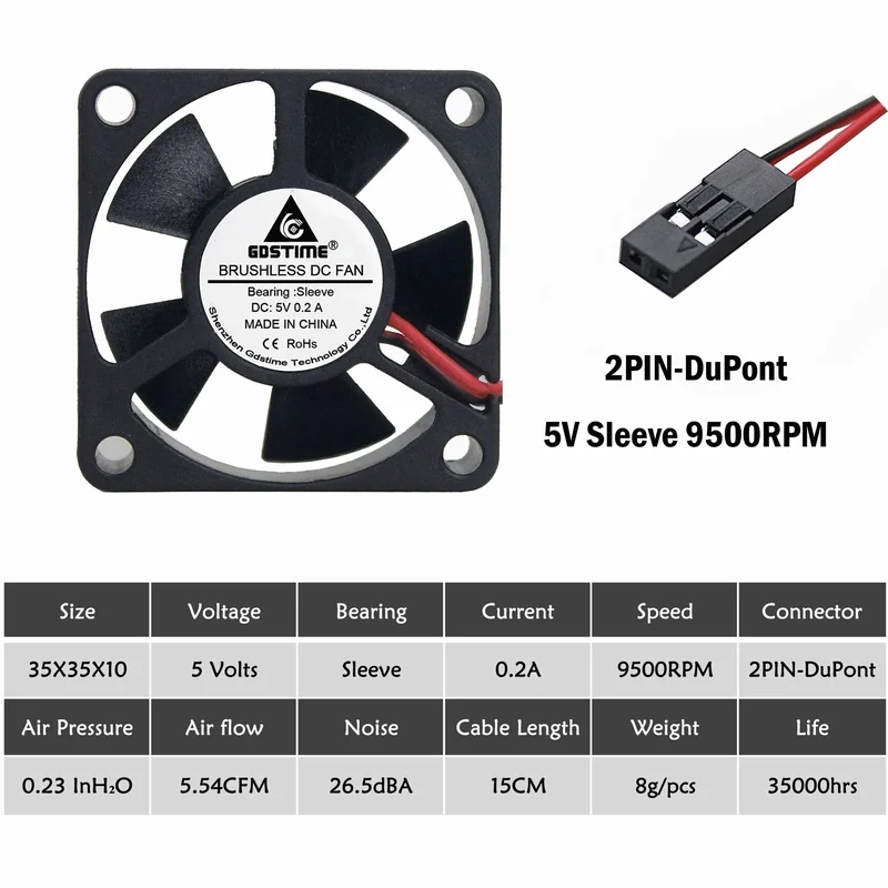 2 шт. Gdstime 5 В 2Pin 35 мм 35x35x10 мм небольшой вентилятор DC 3510 Вентилятор охлаждения Cooler - Цвет лезвия: 5V Sleeve DuPont