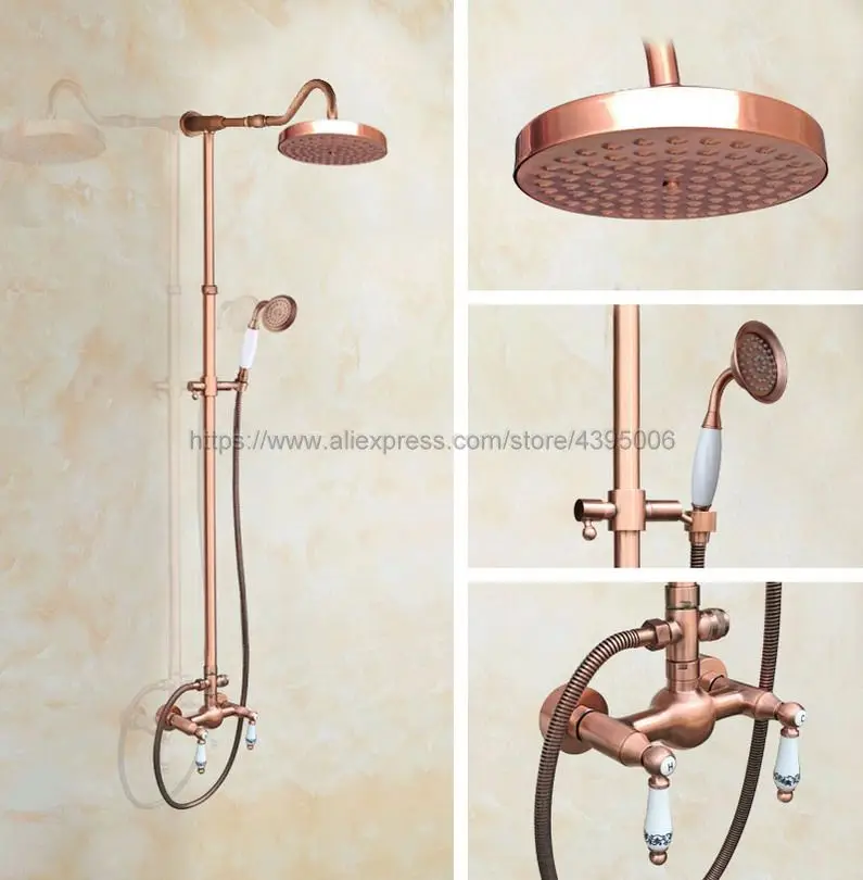 

Red Copper Bathroom Rainfall Shower Faucet Set Mixer Tap With Hand Sprayer Wall Mounted Bath Shower Sets Double Handles Brg624