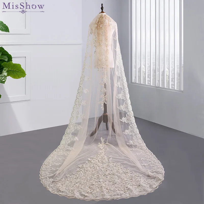 

MisShow High-end Ivory One Layer 3 Meters Long Wedding Veil Lace Sequined Lace Edge Bridal Veil Wedding Accessories