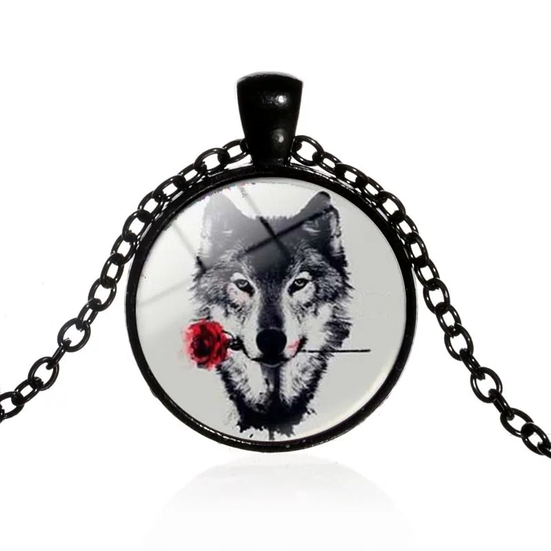 12PCs/lot 2017 black painting Wolf With rose Flower Necklace cameo animal metal Pendant Personalized Picture Jewelry tattoo | Украшения и