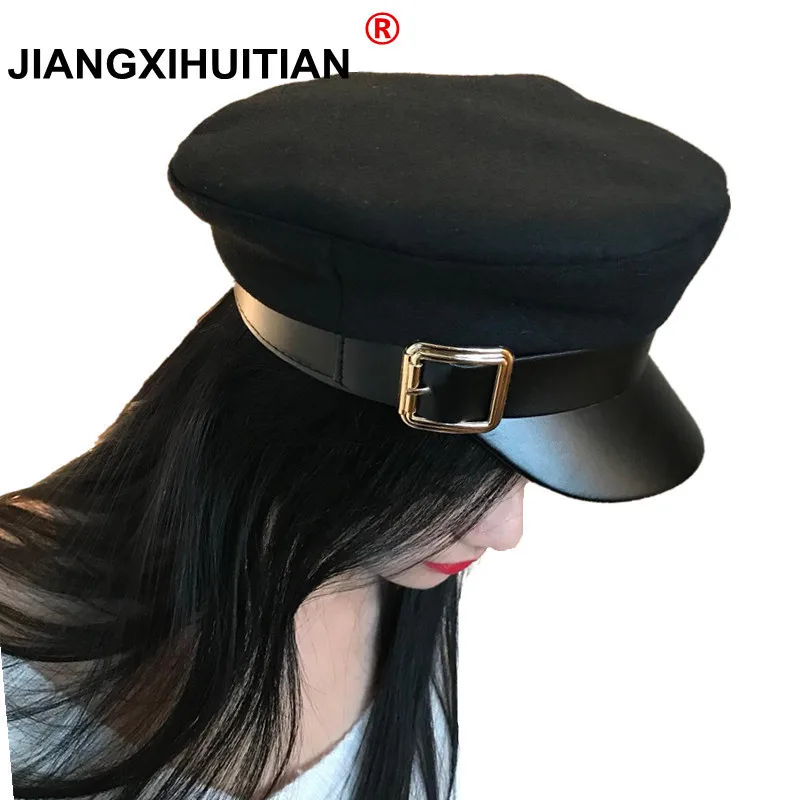 

Fashion wool Solid Visor Military Hat Autumn and Winter Vintage Patchwork PU Beret Cap For Women England Style Flat Cap