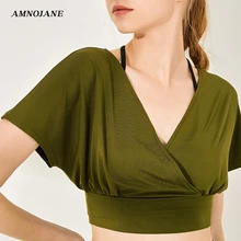 Женские свободные спортивные рубашки с v-образным вырезом, высокой талией, для занятий йогой, бегом, тренажерным залом, тренировками, танцами, бесшовными бретельками, укороченный топ, Сексуальная футболка для фитнеса