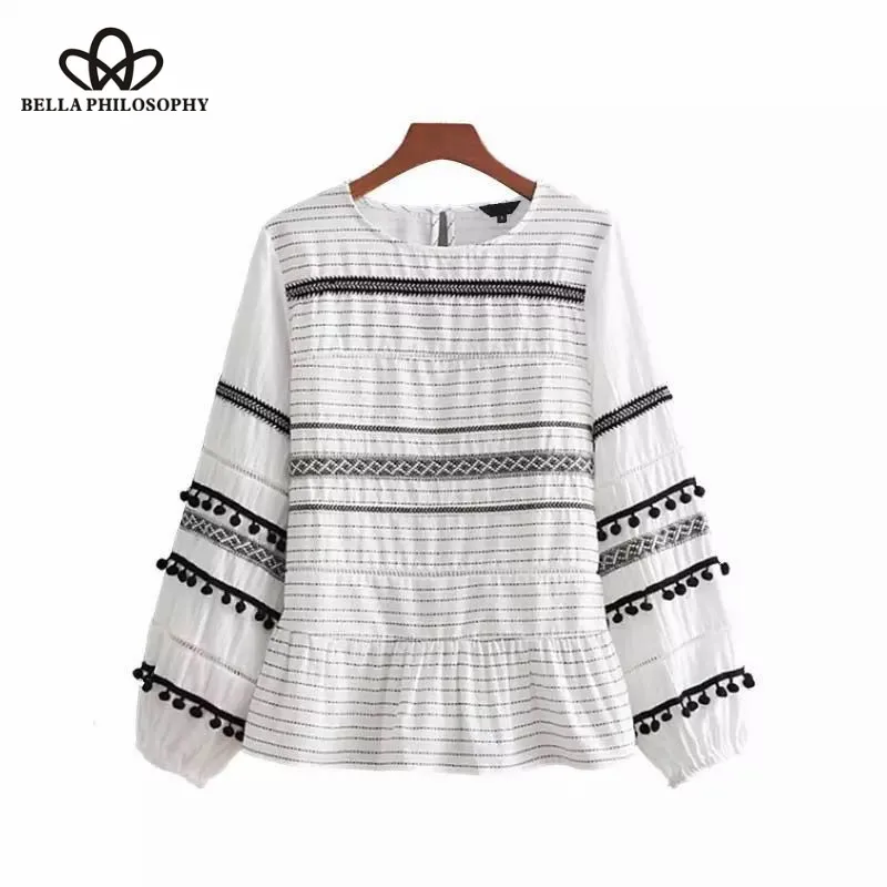 Wonder 2018 new autumn tassel ball splicing ribbon striped casual smock blouse shirt women linen chic blusas lace femininas tops