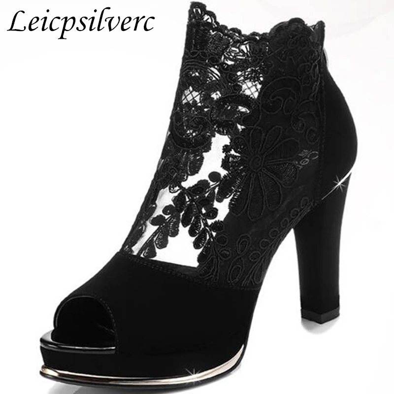 

Women Sandals Sexy Fashion Spring Summer Lace Air Mesh Peep Toe Zip High Heels Platform Party Casual Shoes Black Red