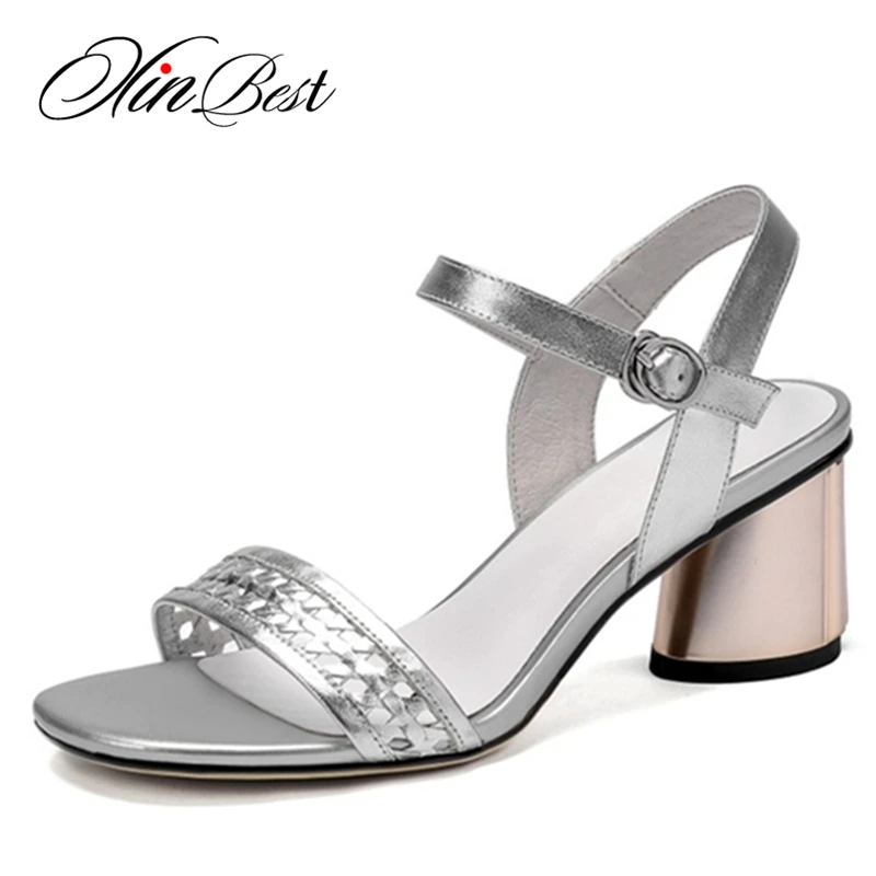 

Xinbest Hollow Cow Leather Summer Sandals Women Plus Size Ladies Heels Concise Fashion Peep Toe Ankle Strap Women Shoes 2019