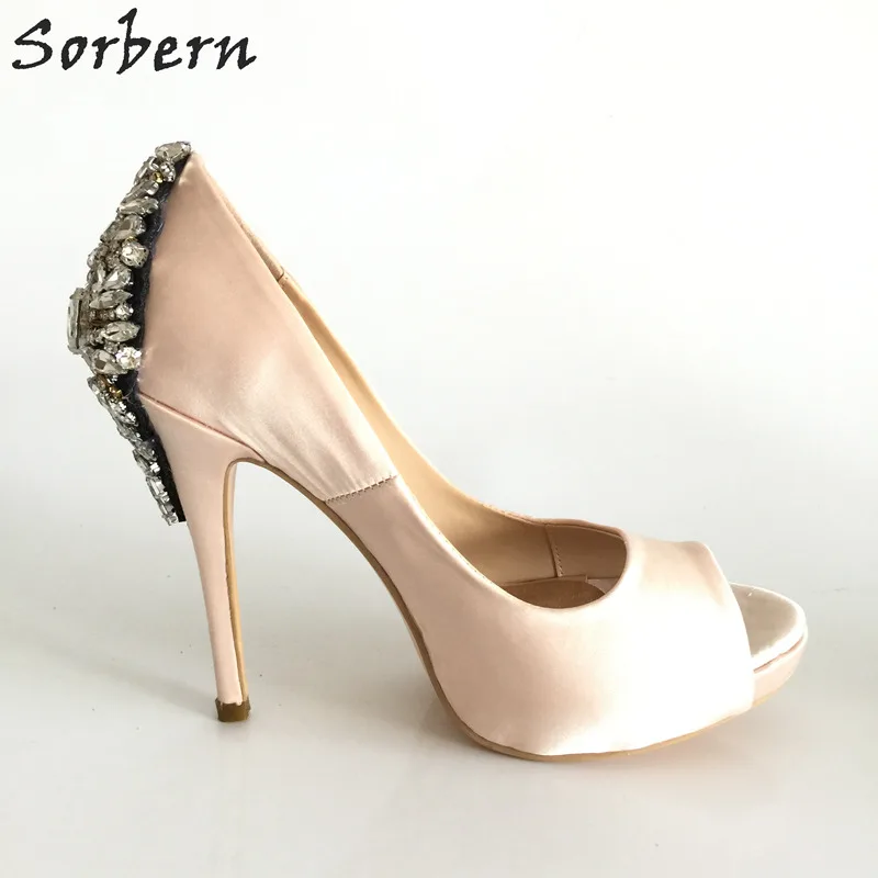 Sorbern шампанское атласные Кристаллы Свадебные туфли открытый носок Стразы слипоны Свадебная обувь, туфли высокие каблуки платформы цвет на заказ