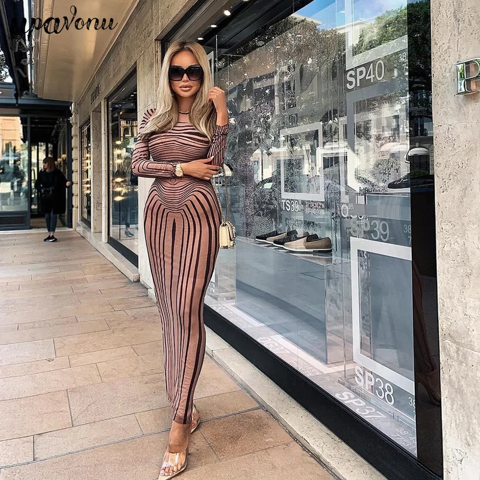 

2019 Summer New Women's Sexy Perspective Long Dress Long Sleeve Bodycon Leopard Dress Club Celebrity Party Dress