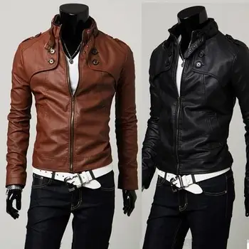 

2019 autumn fashion slim stand collar outerwear men's clothing male leather clothing Men's PU leather Men's jacket