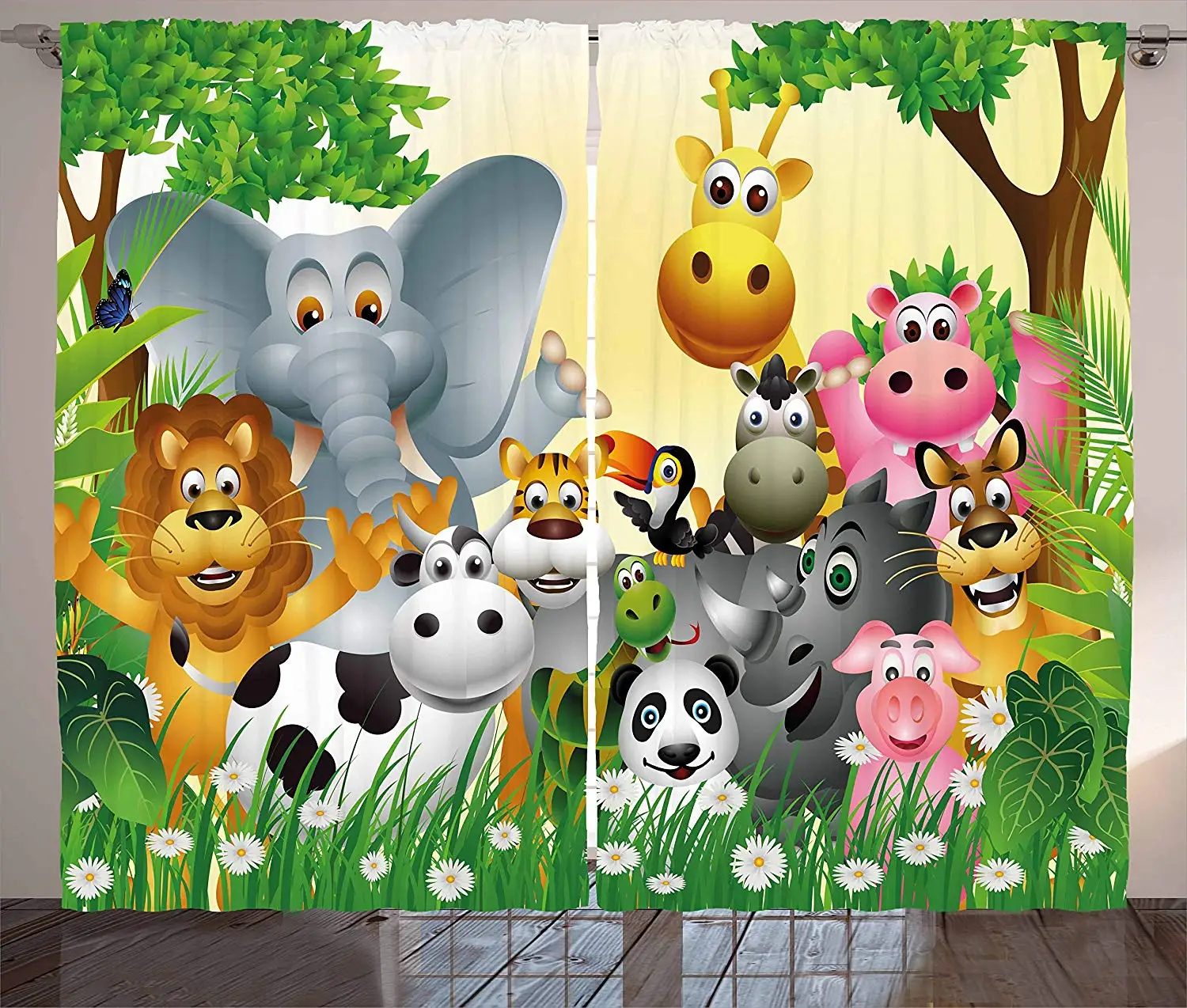 

Cartoon Curtains Cute Animals in Jungle Elephant Giraffe Panda Bear Pig Lion Hippo Rhino Living Room Bedroom Window Drapes