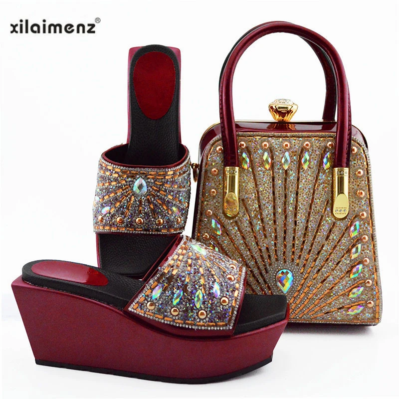 

Italian Ladies Matching Shoe and Bag Material with Crystal Nigerian Shoes and Bags Set for Party Women Shoe and Bag To Match