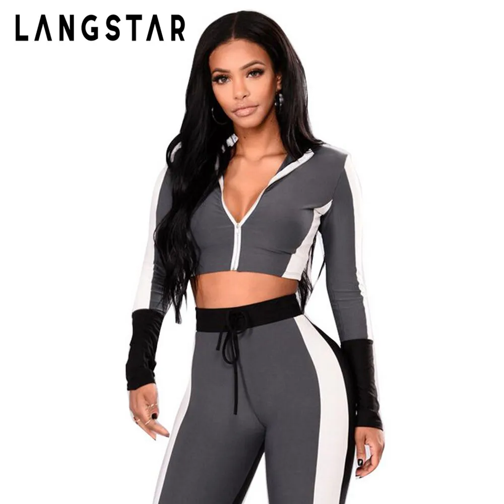 

LANGSTAR Women Yoga Set Round Collar Color Blocking Crop Top High Waist Pants Women Sports Suit Gym Fitness Clothes Sport Suit