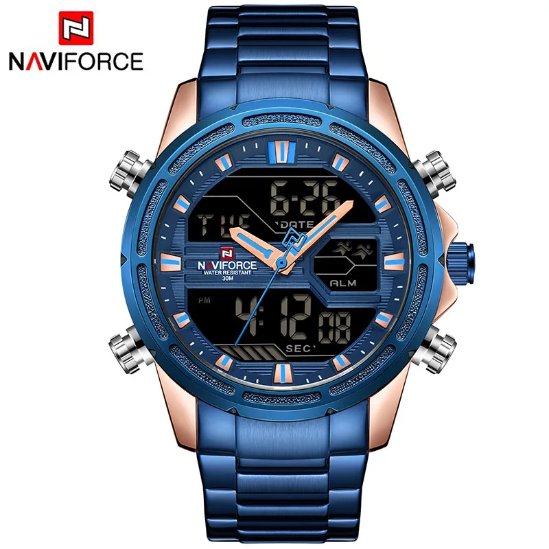 Новые мужские часы NAVIFORCE, топ класса люкс, Брендовые спортивные часы, мужские водонепроницаемые кварцевые наручные часы из нержавеющей стали, Цифровые мужские часы - Цвет: Rose Gold Bule