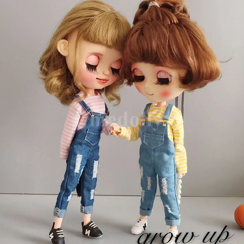 

1PCS Cute Stripe T-shirt Denim Bib Pants for Blyth, Azone S, OB24 Doll Clothes Overall Outfits Accessories