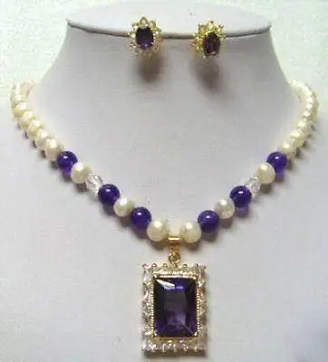 

7-8MM FW pearl amethyst pendant necklace earring set A18K GP Plated gold Bridal wide watch wings