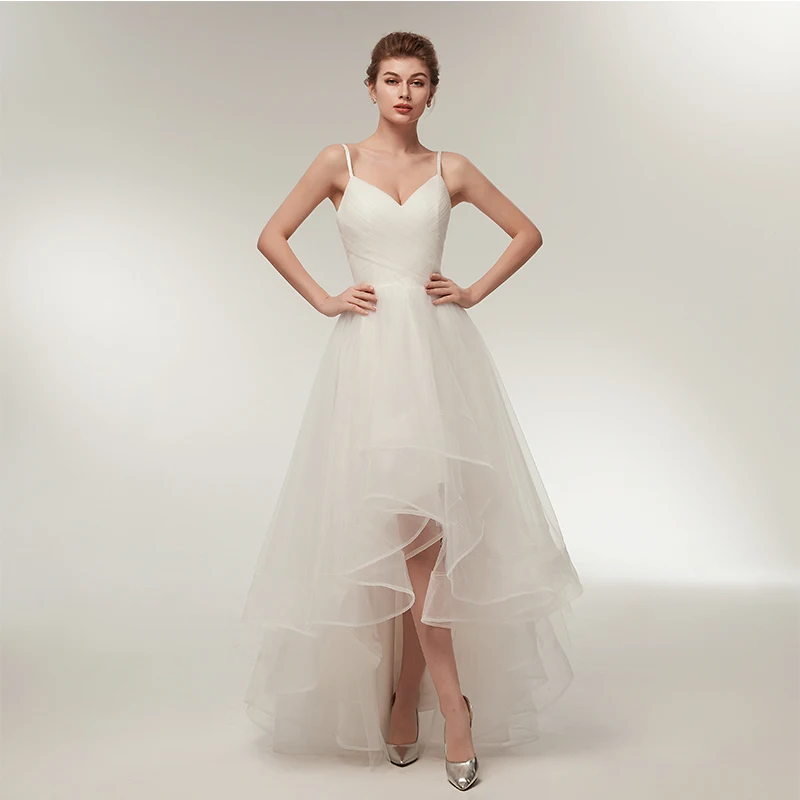 

Cheap High Low Wedding Dresses 2019 Hot Sale Spaghetti Straps Simple V Neck Tulle Short Front Long Back Sexy Bridal Wedding Gown