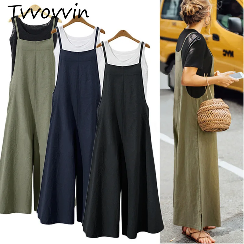 

Strappy Solid Comfy Wide Leg Jumpsuits Women's Casual Loose Dungarees Bib Overalls Cotton Linen Rompers 5XL 2019 Summer V438