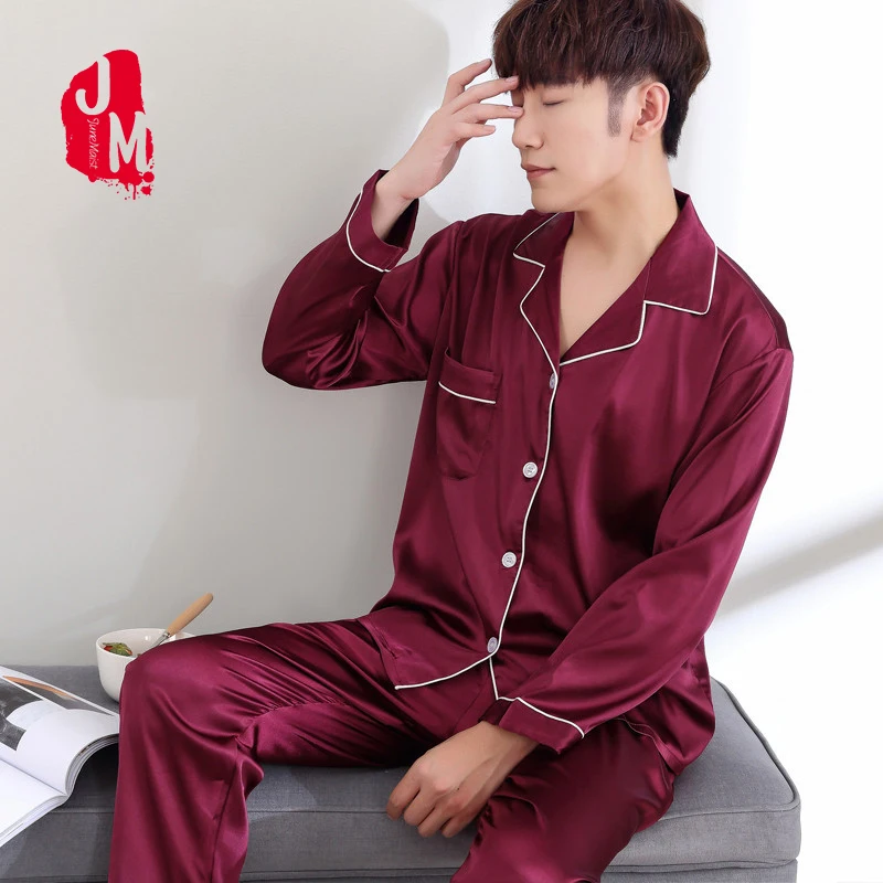 

2018 Solid Satin Red Men Pajamas Silk Set Full Sleeve Sleepwear Men Summer Suit Silk Pajama Man Pyjamas Male Two Pieces M L-XXXL