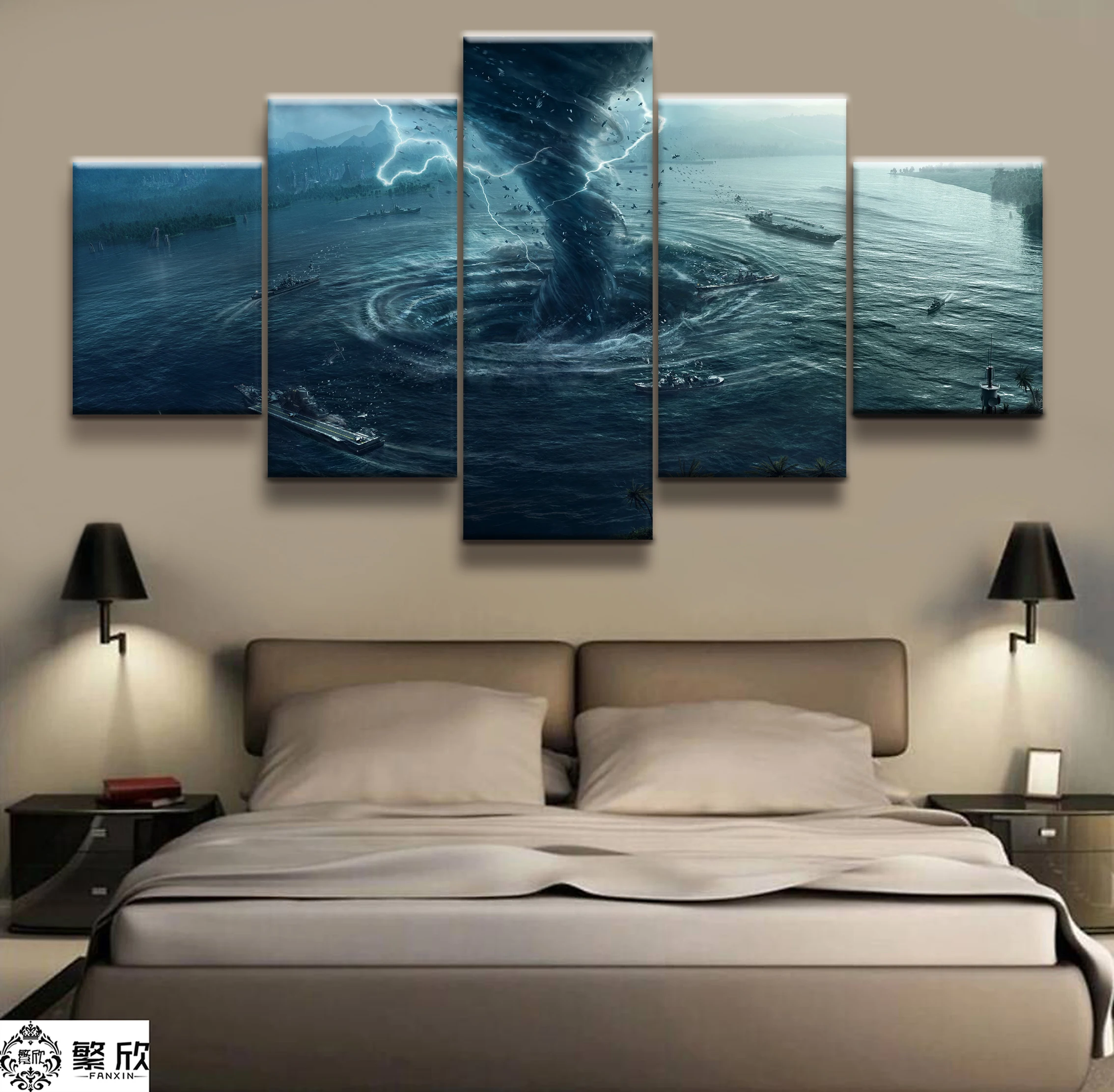 

Hot Sales Without Frame 5 Panels Picture Deep Sea Super Disaster Tornado Painting Artwork Wall Art Canvas Painting Wholesale