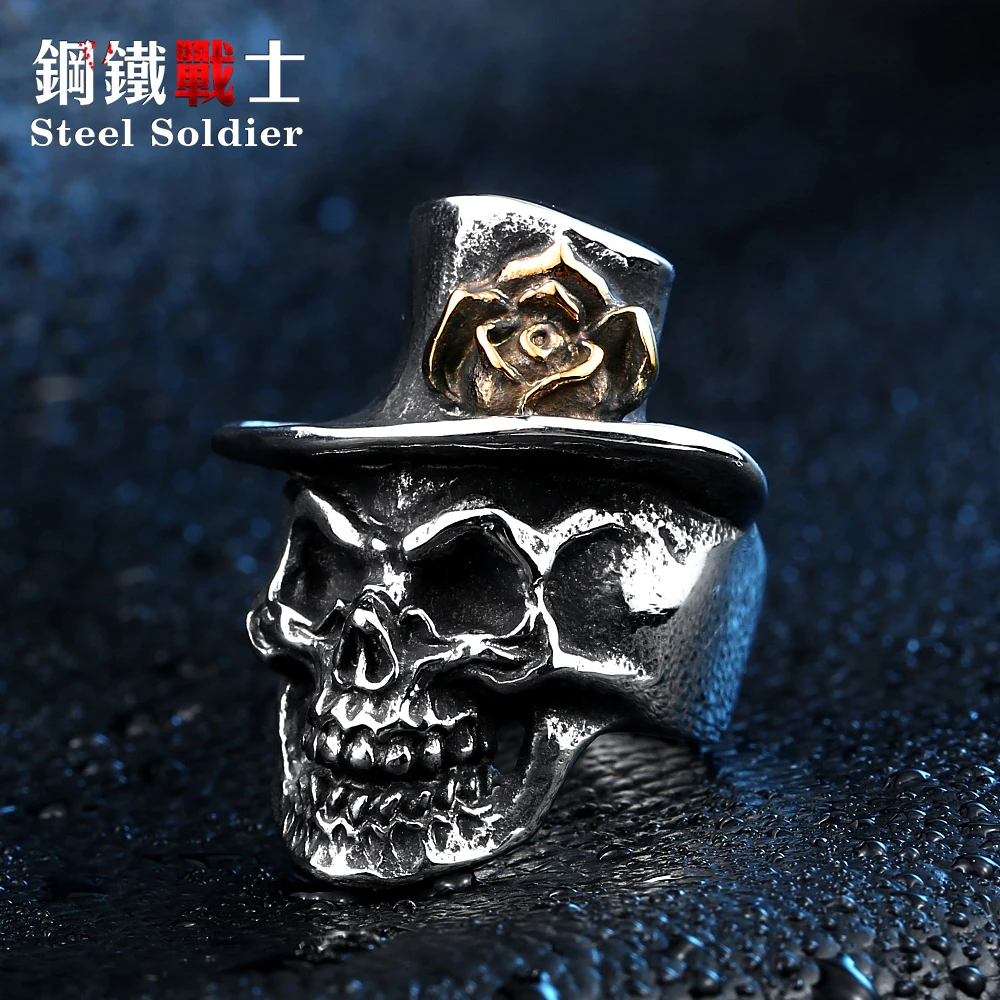 Сталь солдат Мода Панк Череп с золотой розой цветок кольцо для шляпы 3D pquality