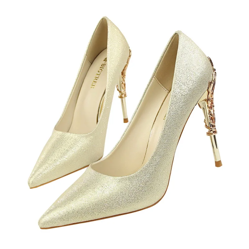

BIGTREE women pumps Silk Scrub Wedding shoes Gold Bridal shoes metal Openwork 10CM Thin High-heeled Suede Pointed women's shoes