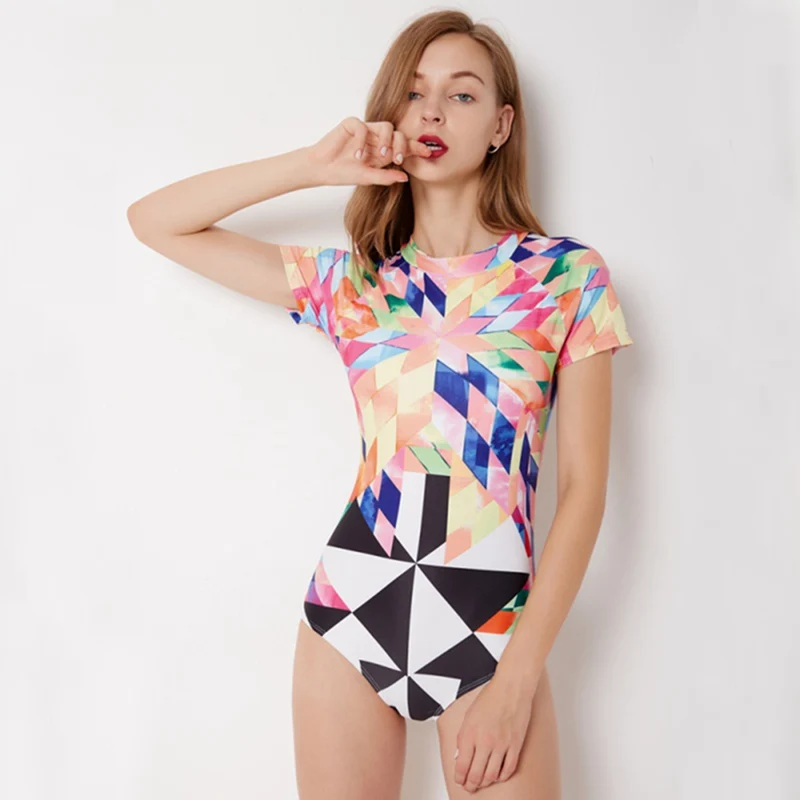Womens Zip Front Printed Surfing Swimwear Women's Short Sleevees UV Protection One Pieces Bbra Pad Swimsuit