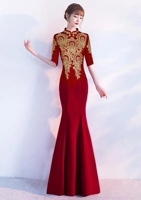 Moderm невесты золотистой вышивкой Cheongsam Slim Fit Русалка хвост длинные платья Для женщин Традиционный китайский Костюмы вечернее платье Qi Pao - Цвет: wine red