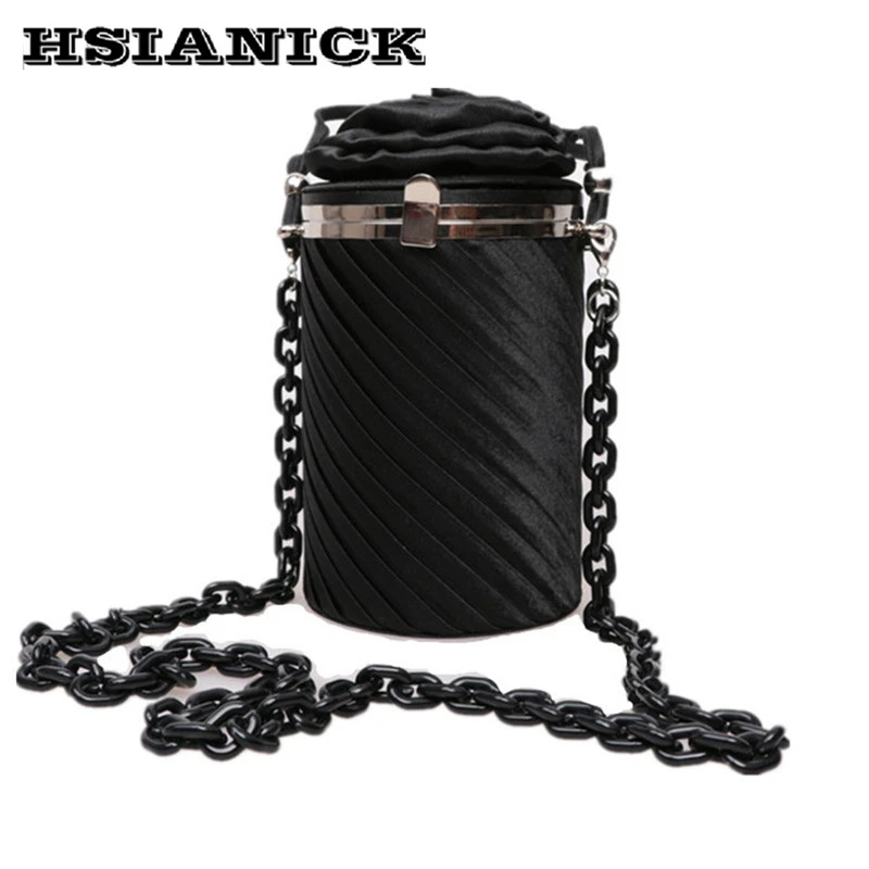

Women Personalized silver black satin large bucket bag dinner dresses clutch gift box handbag long resin chain party evening bag