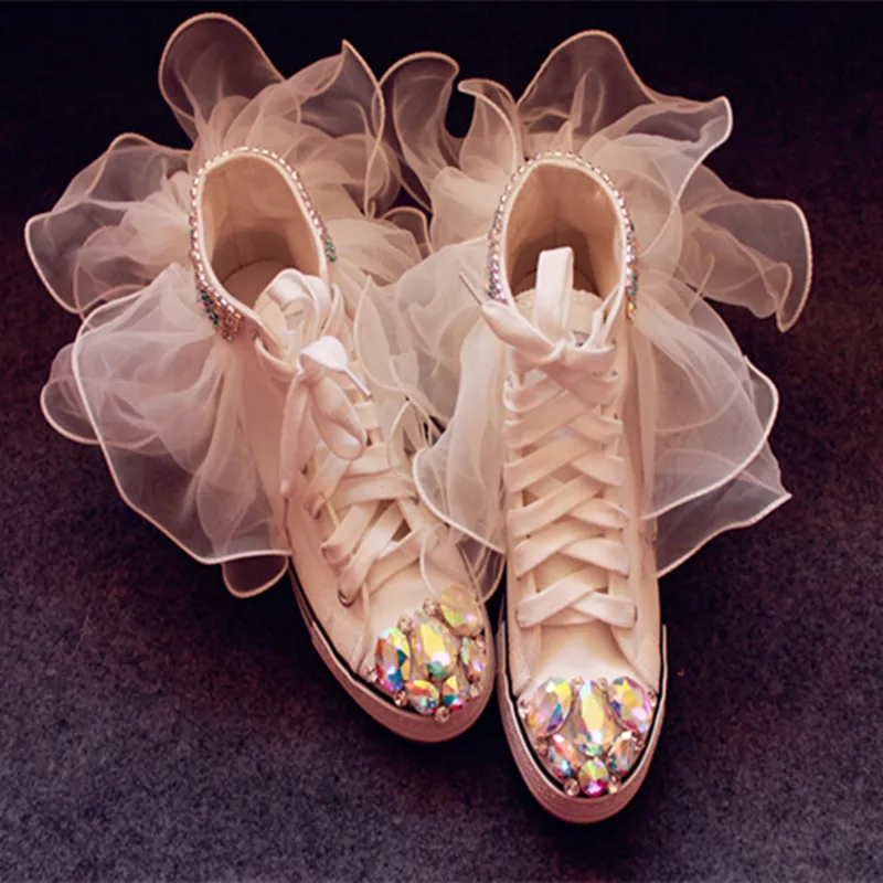 

Sneakers Wedges Canvas shoes Women's casual shoes White Diamond High-heeled Thick-soled High casual shoes