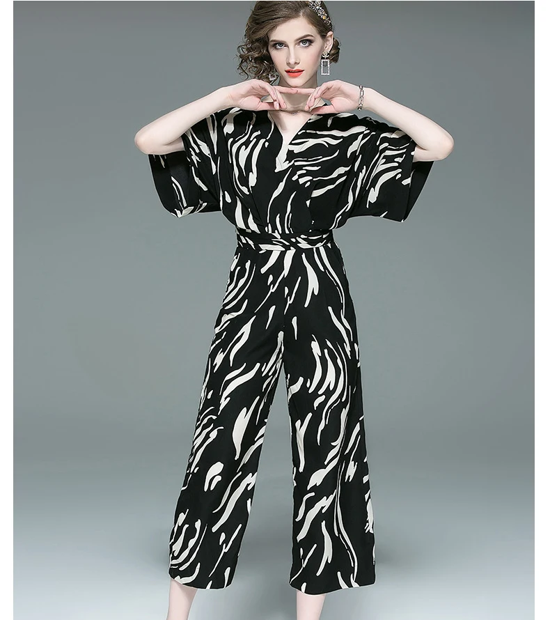 Fashion Casual New Fashion Striped Jumpsuits High Waist V Neck Wide Leg Pants Female Spring Summer Women Sashes Jumpsuits