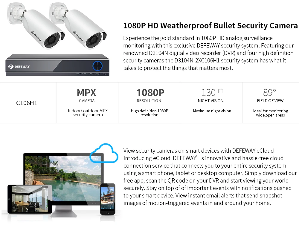 DEFEWAY HD 1080P P2P 4 CH CCTV система видеонаблюдения DVR комплект 2 шт. открытый/закрытый ИК ночного видения 2,0 МП камеры CCTV система