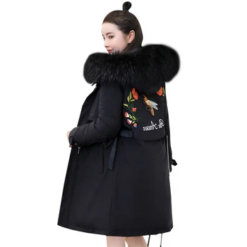 

Winter Down Cotton Jacket Women Parkas Coat New Embroidered Hooded Fur Collar Thick Warm Cotton Clothing Medium Long Outerwear