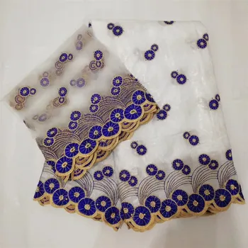 

Royal Blue Mix White Bazin Riche Getzner With Beads African Brode Getzner Fabrics With 2 Yards French Net Lace X582-5