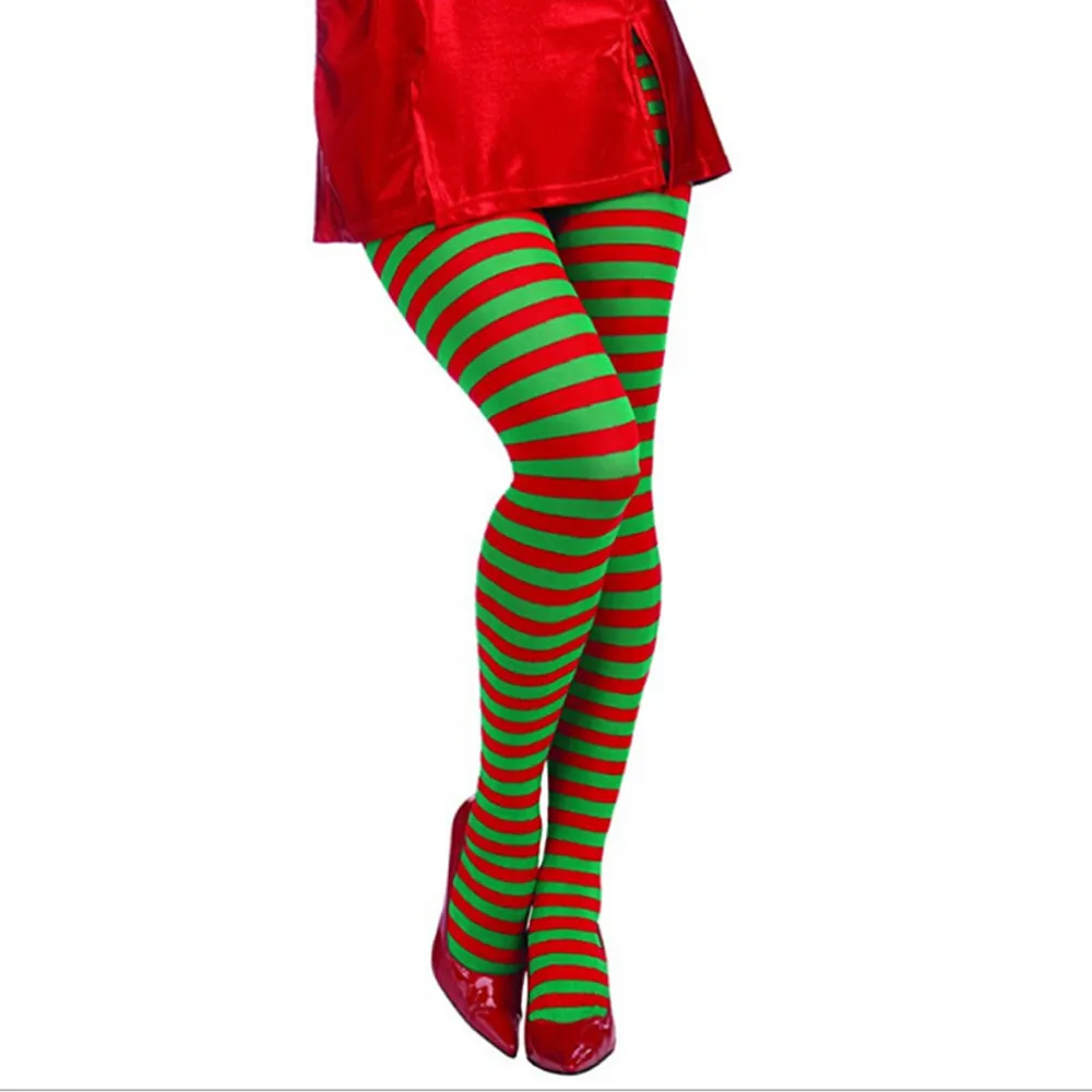 Elf Tights Striped Red Green Christmas Fancy Dress Costume Knee