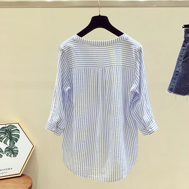 Women Summer Fashion All-match Casual Loose Concise Striped Three Quarter Sleeve Shirts