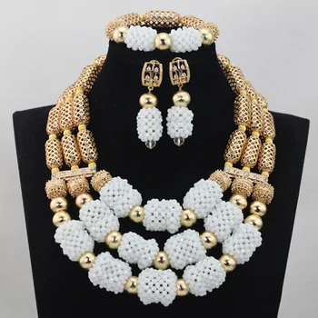 

Fashion White/gold 3 row Crystal Beads Jewelry Sets 2016 Trendy African Wedding Necklace African Accessory Free Shipping ANJ021