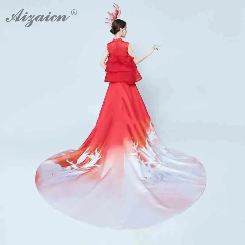 Красное китайское платье длинный Ципао Современный Шелковый Qi Pao фрахт Chinoise вечернее платье модные традиционные подиумные платья