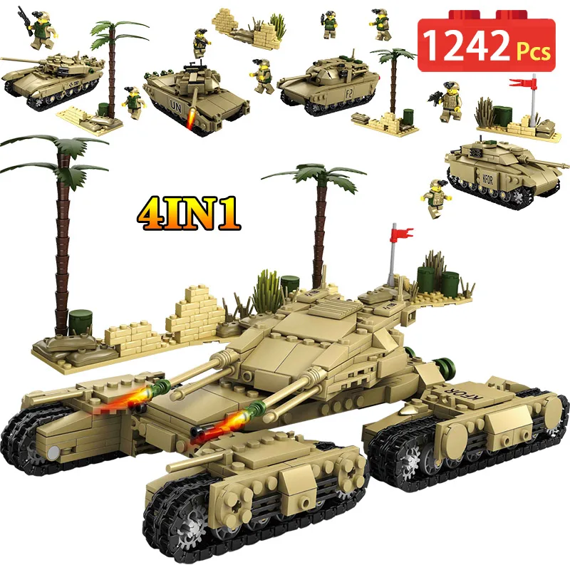 

1242pcs Military Tanks T90 M1A2 LECLERC Model Assemblage Building Blocks Set DIY Bricks Children Toy Compatible WW2 blocks