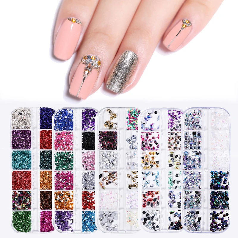 

12 Grids/Box Nail Art Rhinestone Mixed Crystal Water Droplets Stones Flat Bottom 3D Nails Art Decoration DIY Design