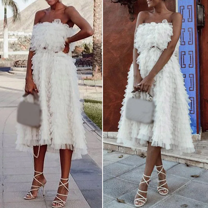 Elegant Dress Ladies Strapless Prom Layered A Line Bridesmaid Sleeveless Formal Dress White