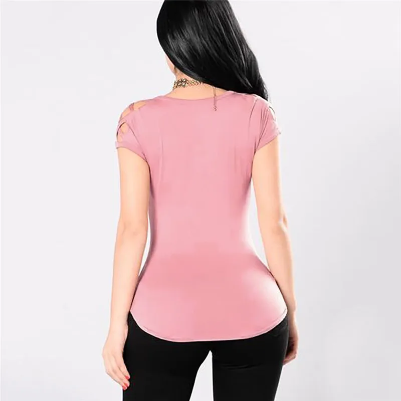 Feitong Summer Bandage V-Neck Fashion Women Cold Shoulder Slim Tee Top Ladies Shirt Casual Short Sleeve Blouse Female Blus