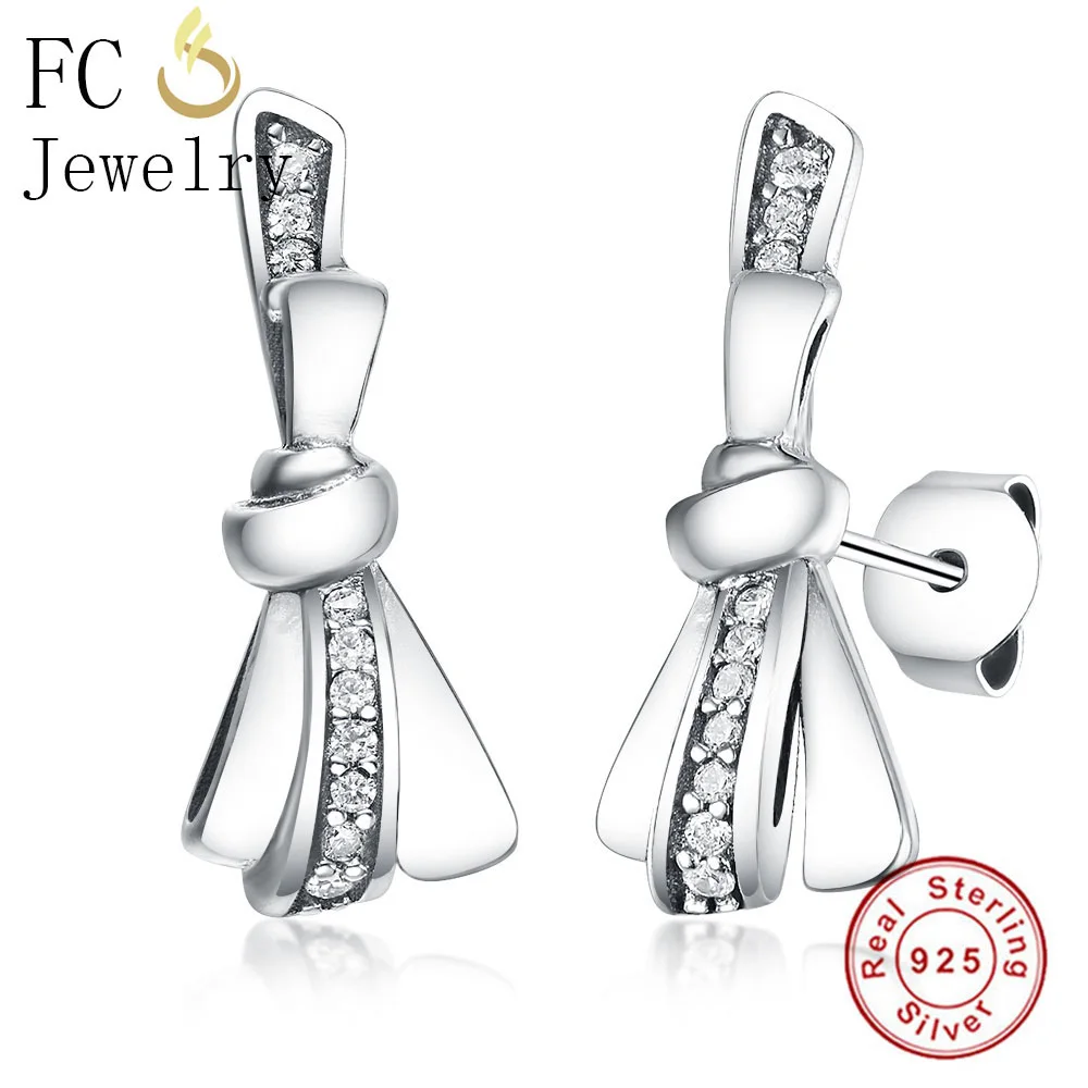 FC ювелирные изделия 925 пробы серебристая лента любовь галстук-бабочка прозрачный кубический цирконий кристалл клипсы с камнем Серьги для женщин Девушка Brincos