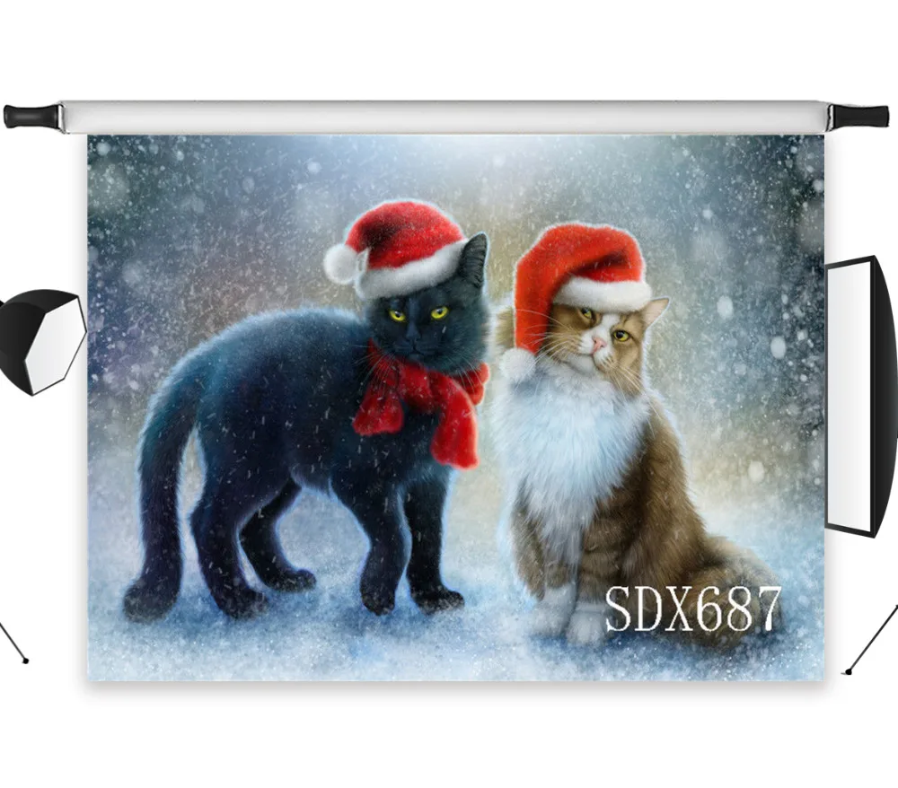 Cute Christmas Kitten Polyester Backdrop Background Photography Studio Props Photographic Photo Seamless Washable No Crease | Электроника