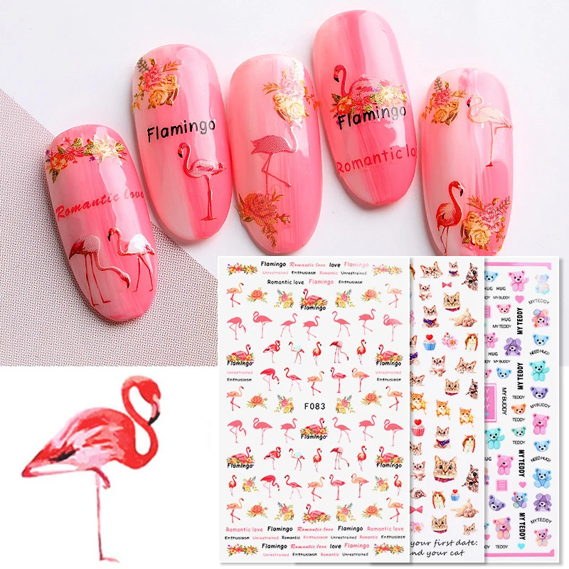 

5 Pcs 16 Designs Japanese Nail Sticker Water Decals Flamingo Bear Flora Watermark Nail Art Decoration Wraps Manicure Accessories
