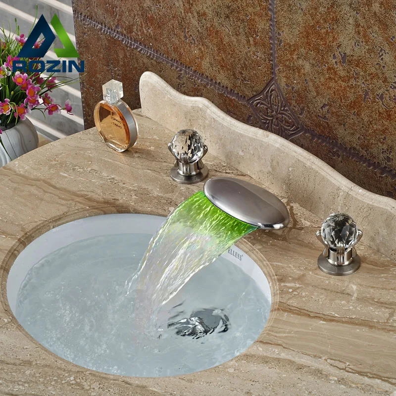 

Waterfall Spout LED Light Widespread Bathroom Sink Faucet Chrome Two Handles Basin Mixer Tap