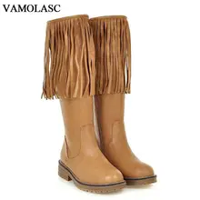 VAMOLASC New Women Autumn Winter Leather Mid Calf Boots Zipper Tassel Square Low Heel Boots Platform Women Shoes Plus Size 34-43