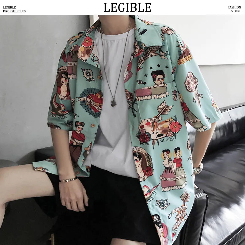 

LEGIBLE Shirt Men 2019 Men Japanese Short Sleeve Shirt Male Hawaiian Characters Printed Shirts Casual Loose Oversize Clothes