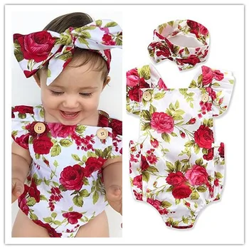 

2018 New Design Baby Set Cute Infant Baby Girls Clothes Cotton Red White Flower baby Rompers and Headband 2pcs/set