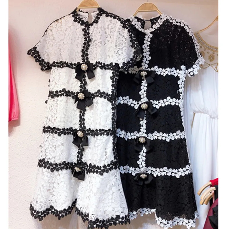 

Small Fragrance Bow Pearl Button Elegant Lace Short Sleeve Ladies Patchwork Round Neck Elegant Short Sleeve Fashion Mini Dress