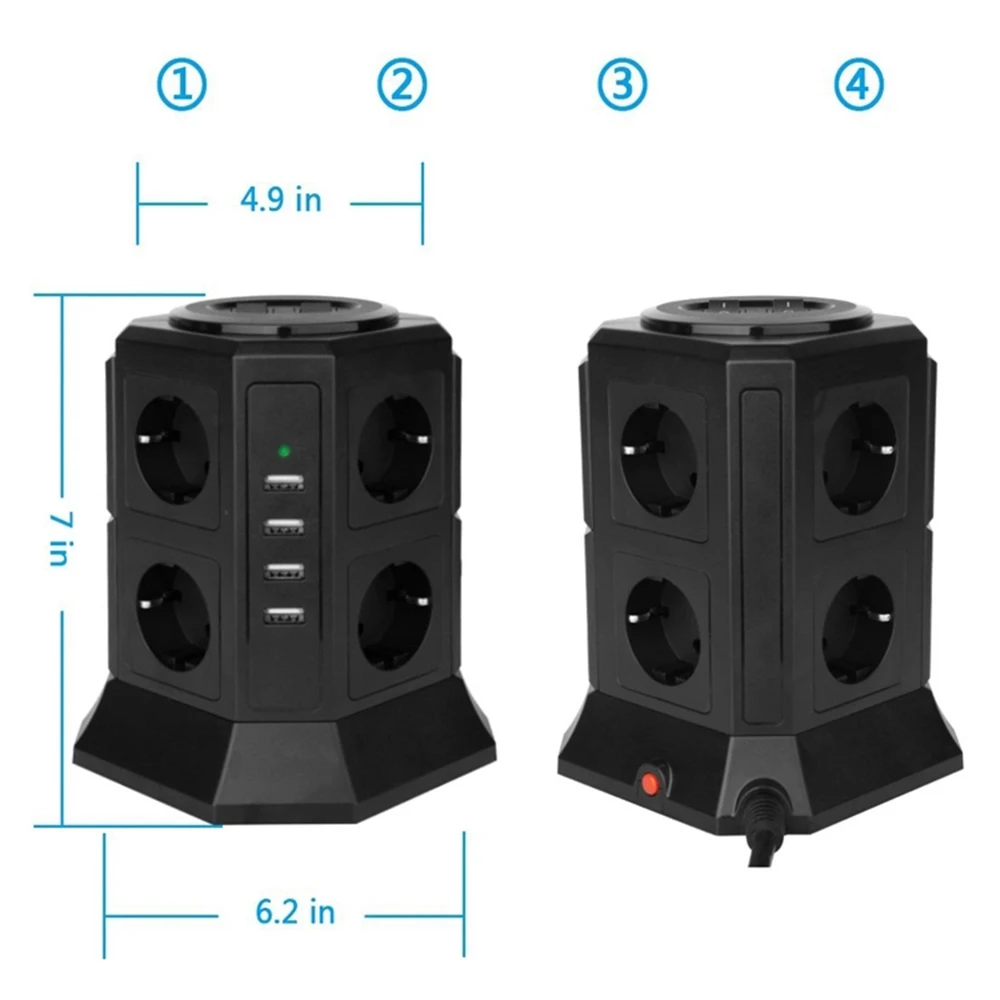 Вертикальный сетевой фильтр, несколько розеток С USB 8 разъемами, штепсельная вилка европейского стандарта, 4 порта USB для быстрого зарядного устройства, 2 м, Удлинительный кабель